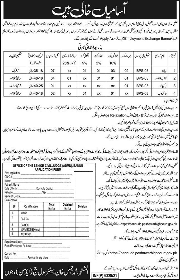 District and Session Courts Bannu Jobs 2021 Download Application Form