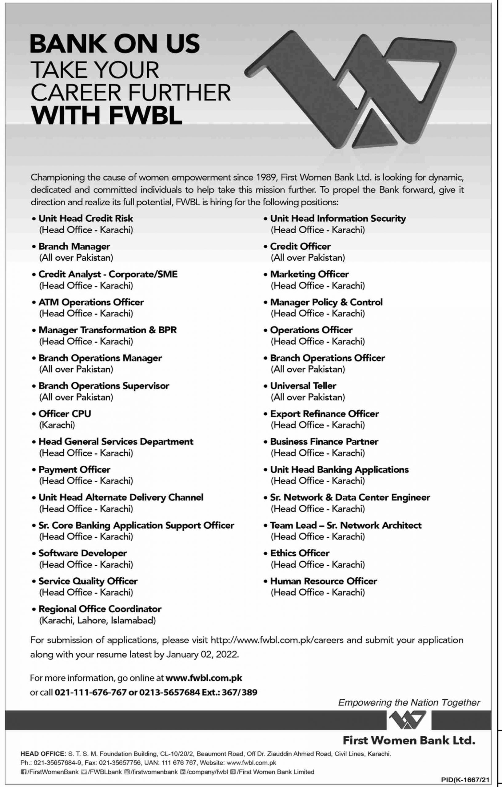 First Women Bank Limited FWBL Jobs 2022 – www.fwbl.com.pk