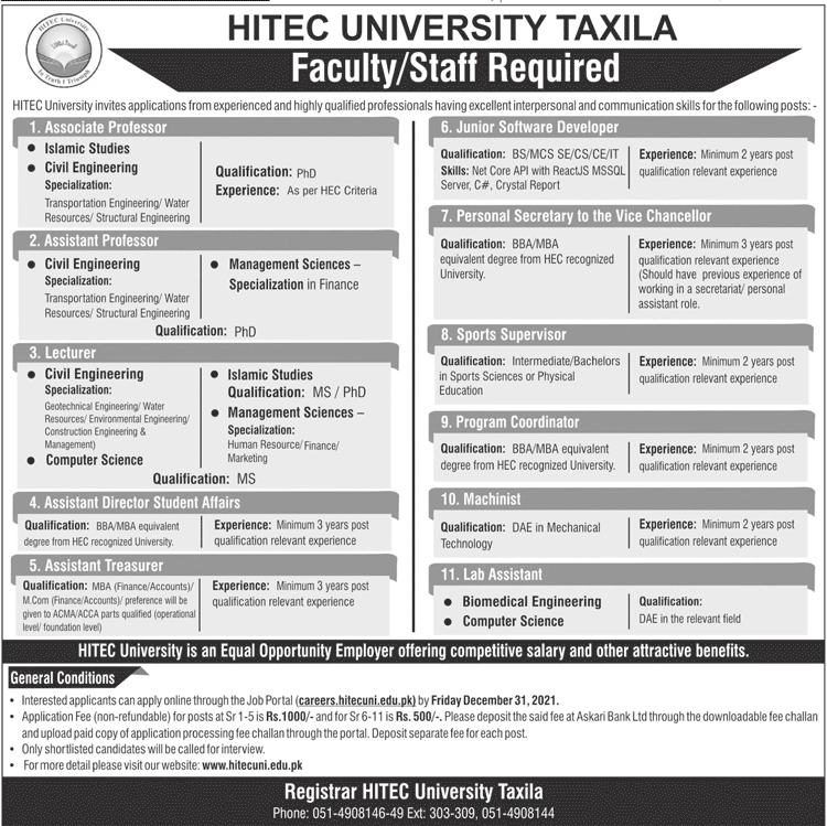 HITEC University Taxila Jobs 2021 – Apply Online via Careers.hitecuni.edu.pk