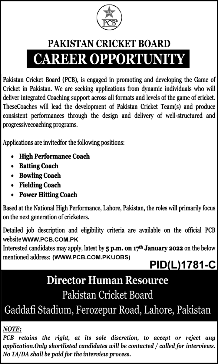 PCB Jobs 2022 – Pakistan Cricket Board Jobs – www.pcb.com.pk
