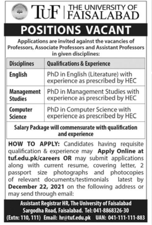 The University of Faisalabad TUF Jobs 2021 – tuf.edu.pk/careers