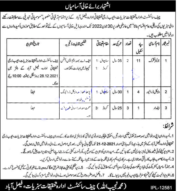 Apply for new Ayub Agricultural Research Institute Faisalabad Jobs 2021 the Advertisement posted