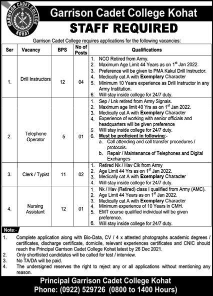 Garrison Cadet College Kohat Jobs 2021 for Retired Persons