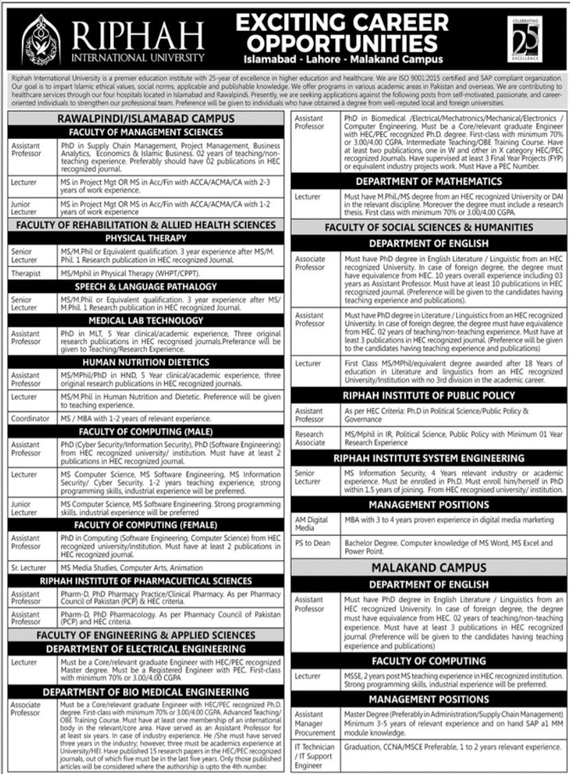 Riphah International University Jobs 2022 RIU – www.riphah.edu.pk