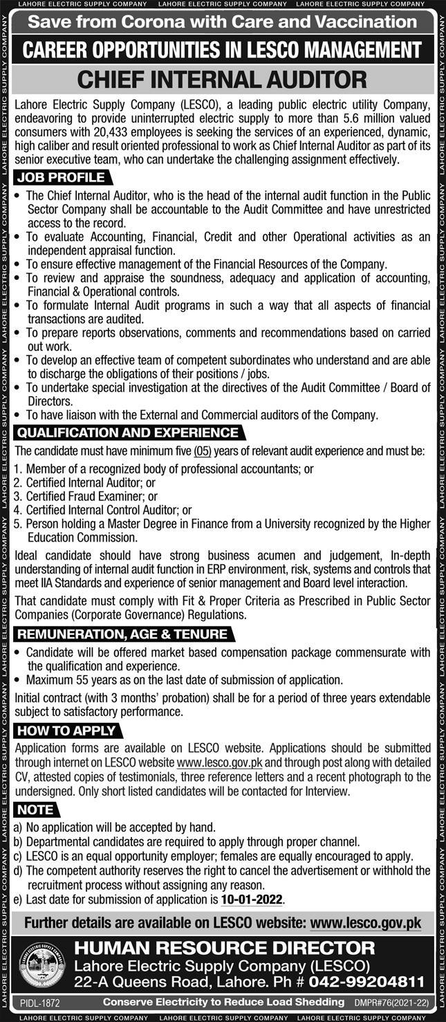 Lahore Electric Supply Company LESCO Jobs 2022 – www.lesco.gov.pk