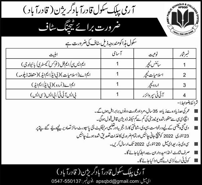 Army Public School APS Qadirabad Jobs 2022