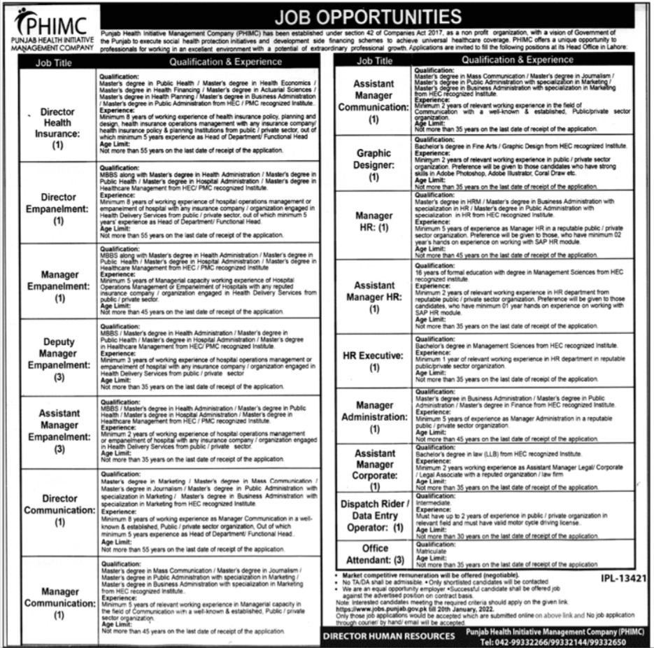 Punjab Health Initiative Management Company PHIMC Jobs 2022