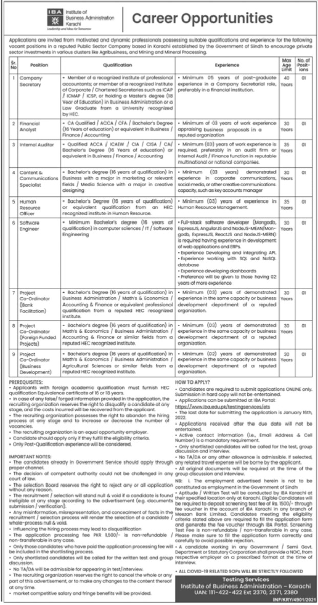 Institute of Business Administration IBA Karachi Jobs 2022
