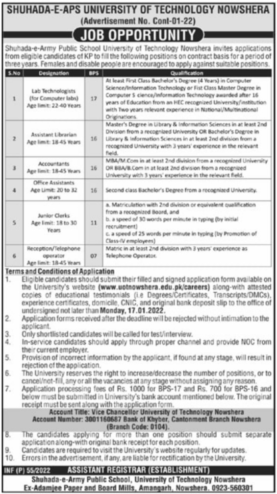 Shuhada E APS University of Technology Nowshera Jobs 2022