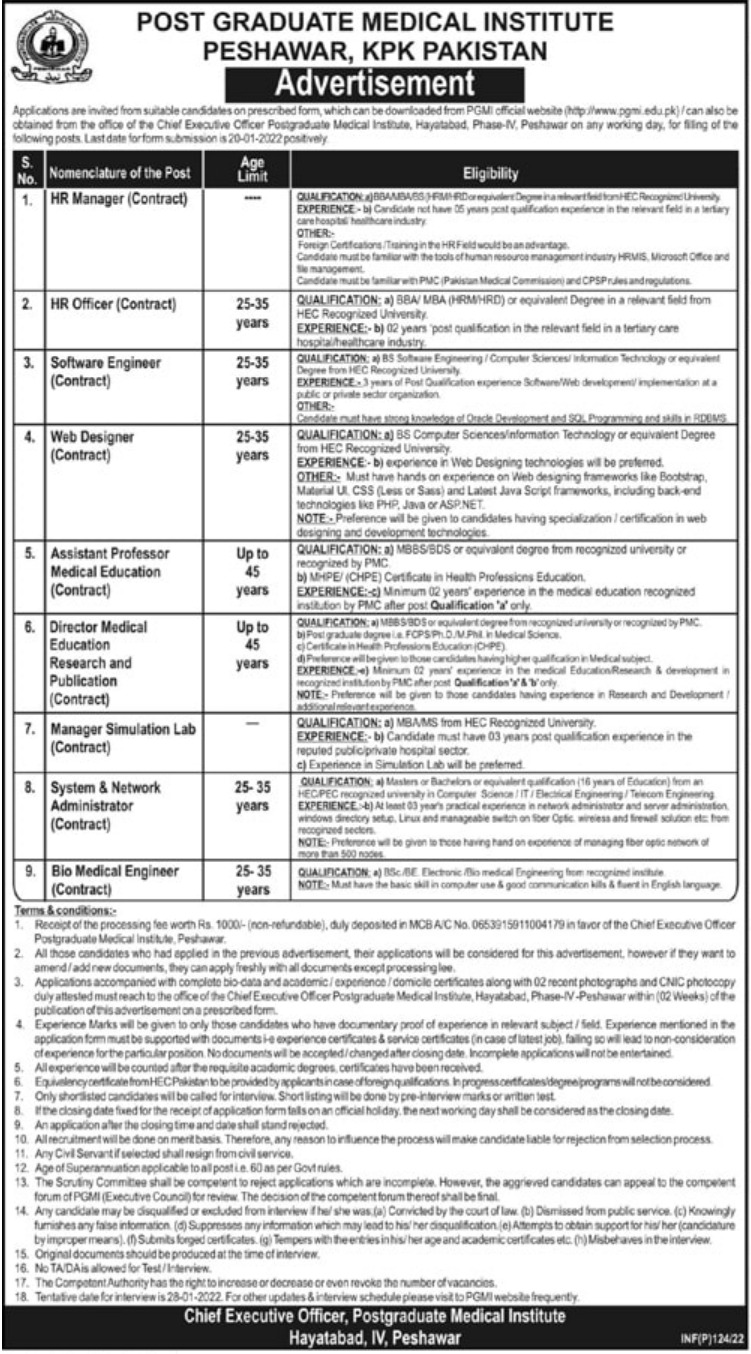 Post Graduate Medical Institute PGMI Peshawar Jobs 2022