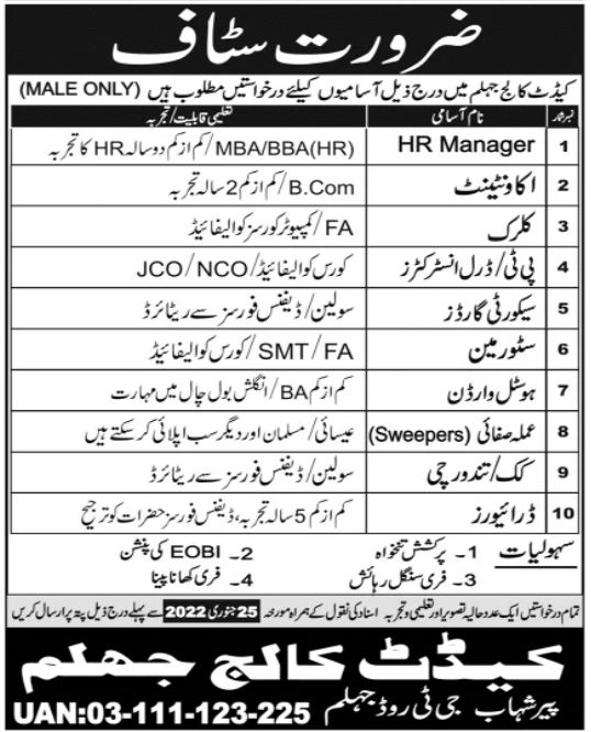 Cadet College Jhelum Jobs 2022 Latest Advertisement – www.ccj.edu.pk
