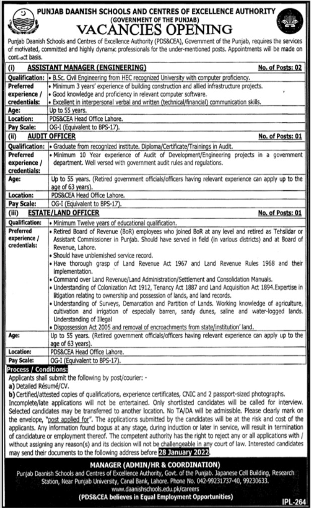 Punjab Daanish Schools & Centers of Excellence Authority Jobs 2022