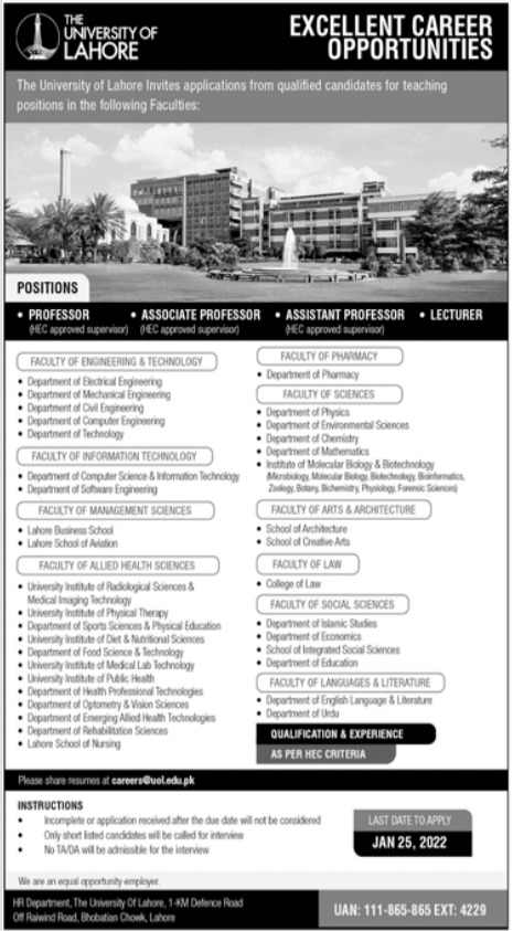 The University of Lahore UOL Jobs 2022 Online Application