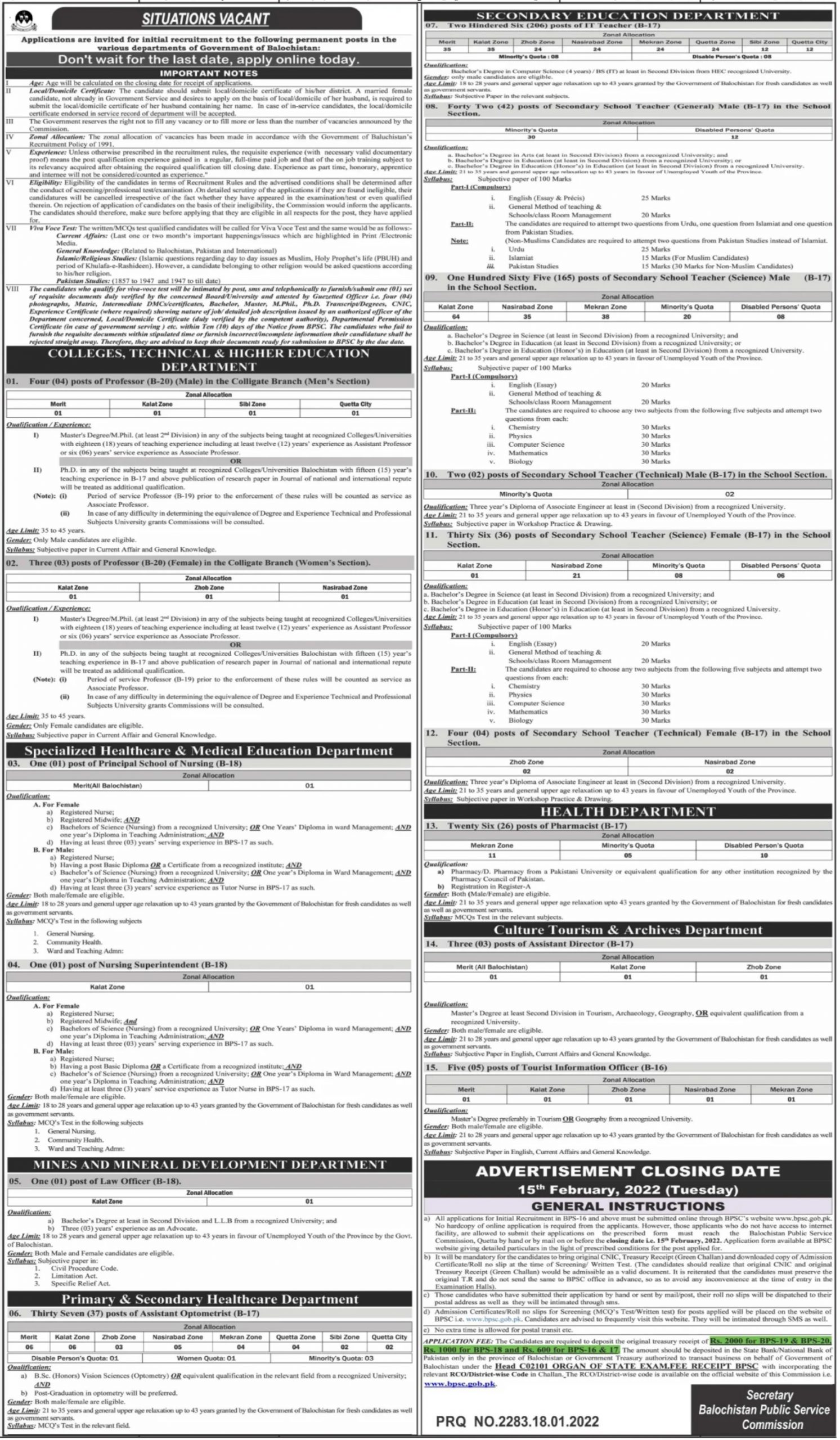BPSC Educators Jobs 2022 in Secondary Education Department Balochistan
