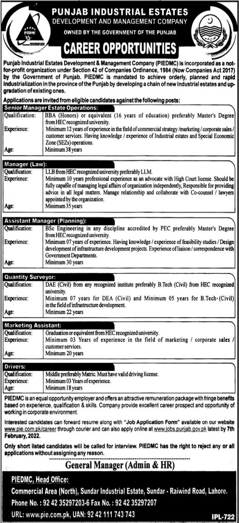 Punjab Industrial Estates Development & Management Company PIEDMC Jobs 2022