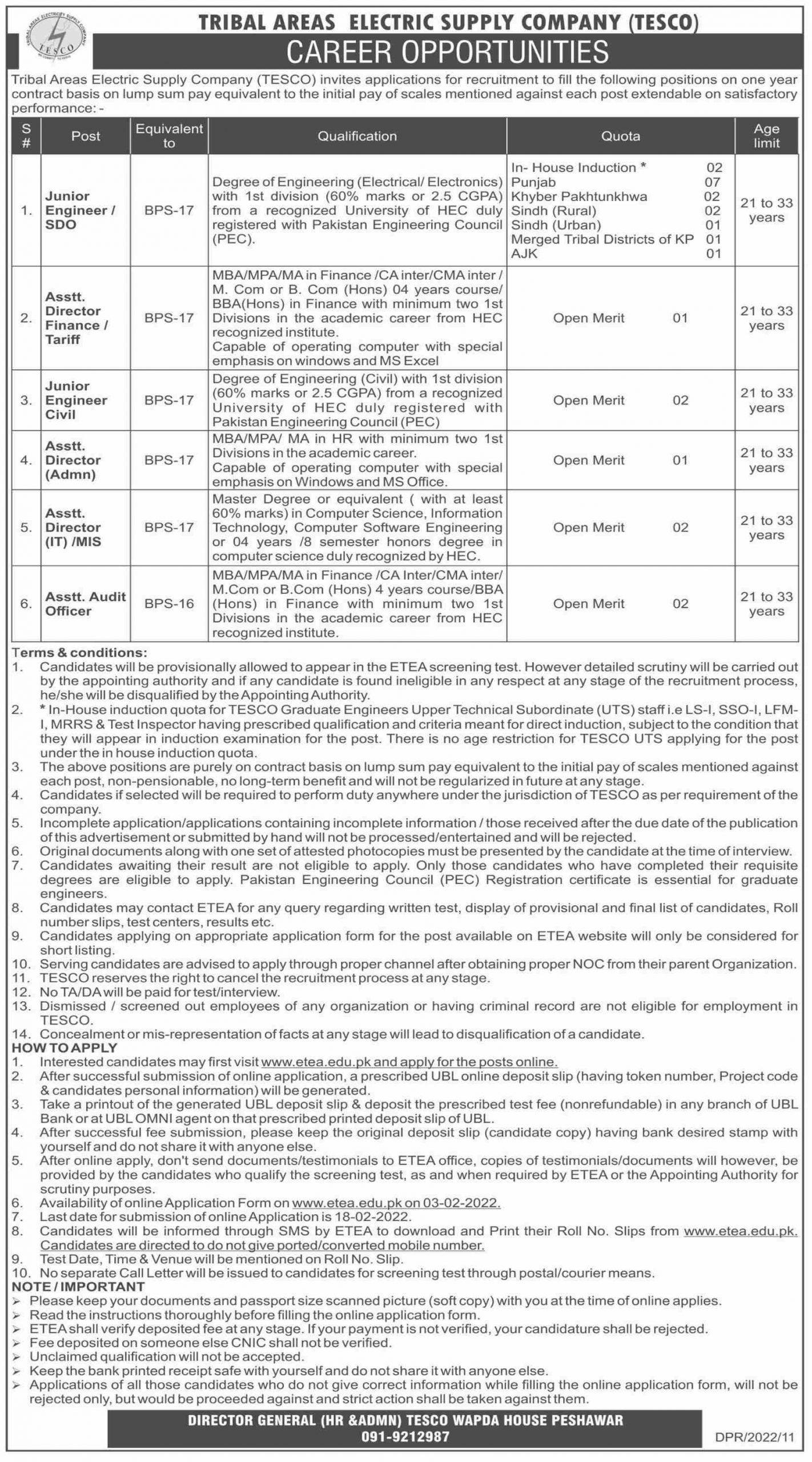 Tribal Areas Electric Supply Company TESCO Jobs 2022