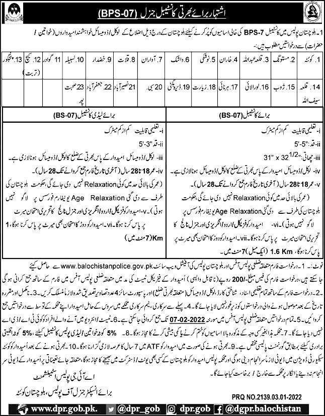 Balochistan Police Jobs 2022 for Constable – Download Application Form
