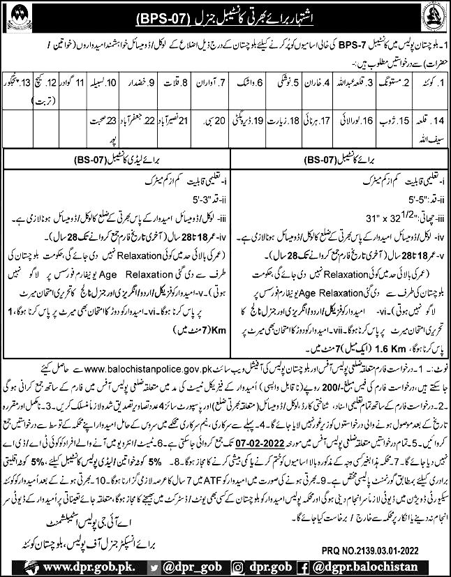 Balochistan Police Jobs 2022 for Constable – Download Application Form