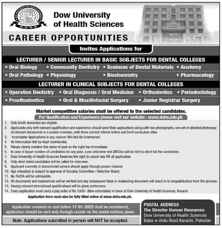 Dow University of Health Sciences DUHS Jobs 2022 – www.duhs.edu.pk