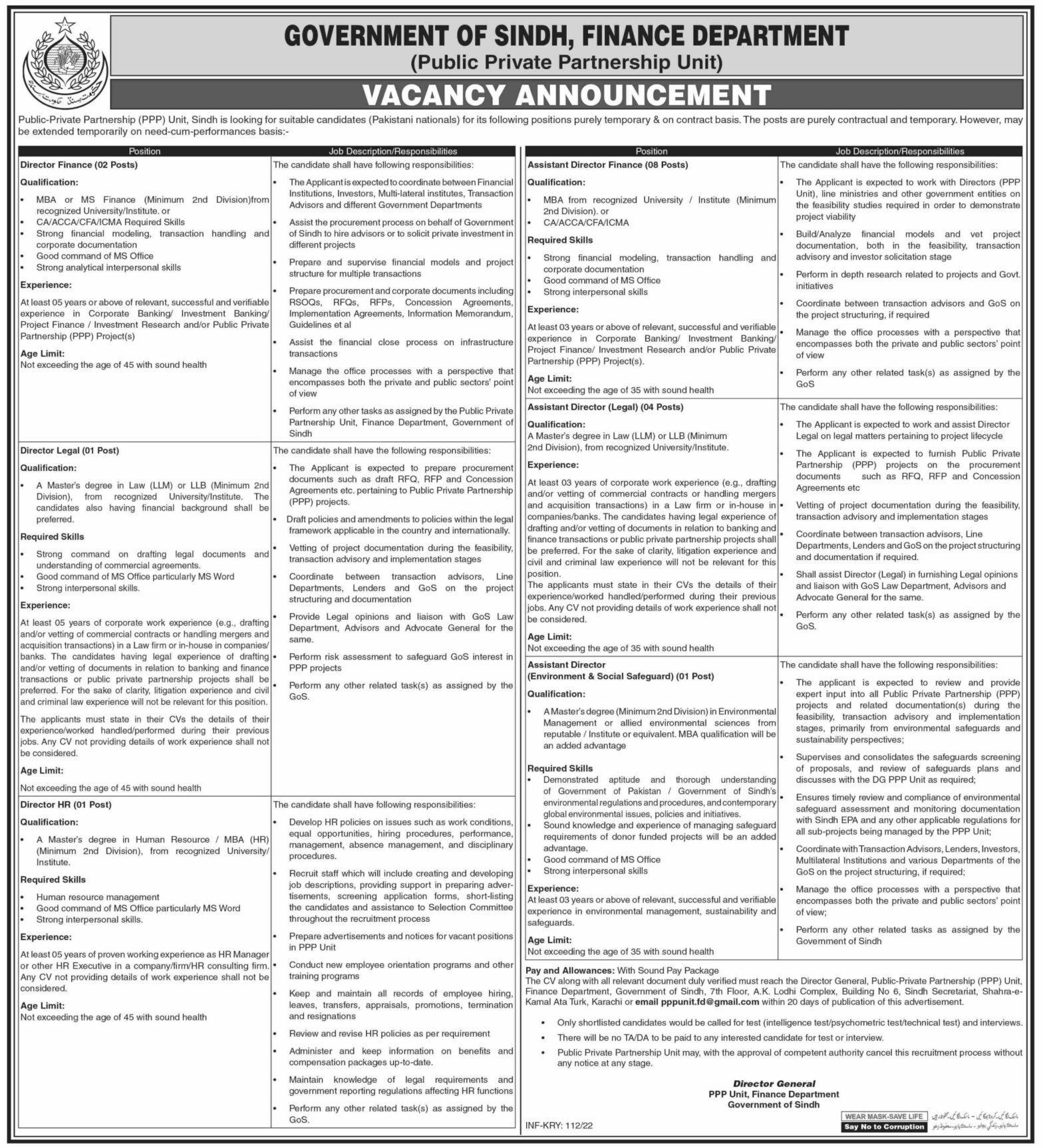 Finance Department Government of Sindh Jobs 2022