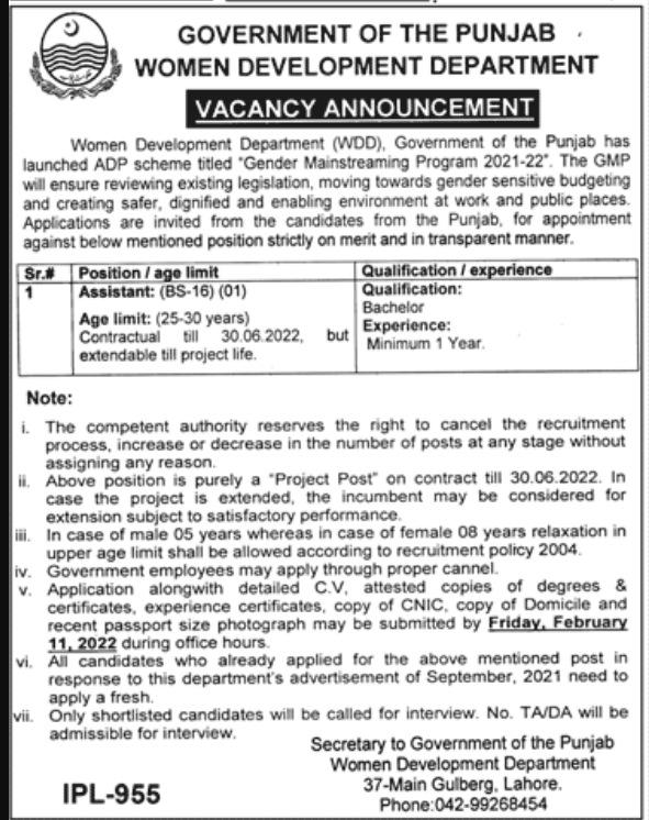 Women Development Department Punjab Jobs 2022