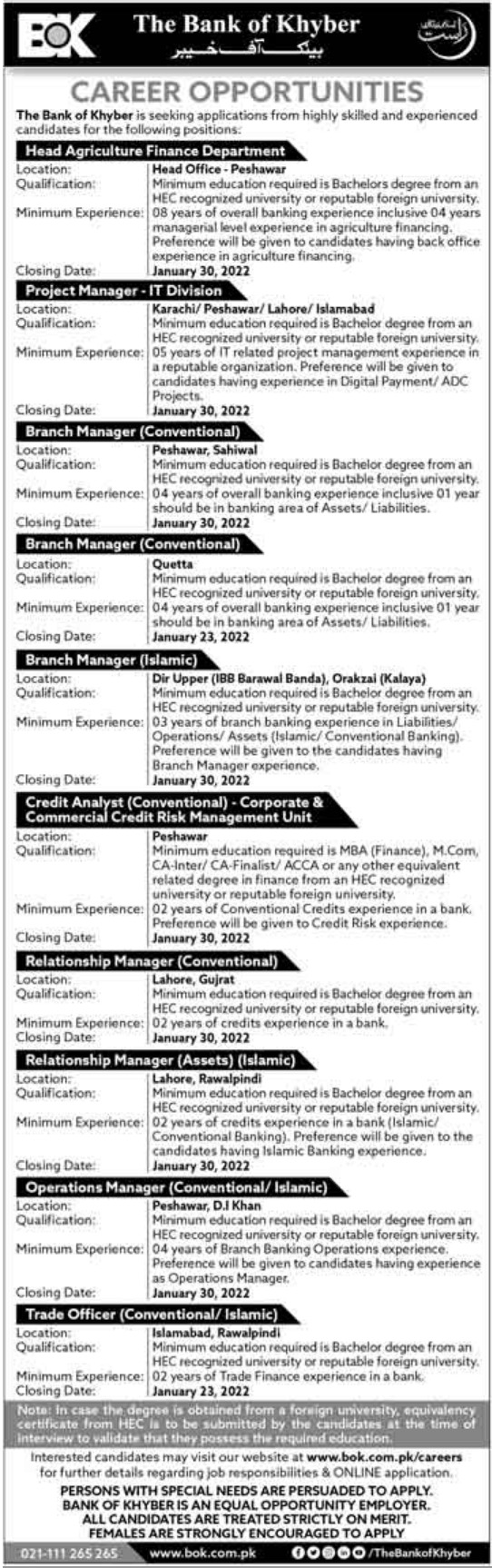 Bank of Khyber BOK Jobs 2022 Online Application www.bok.com.pk