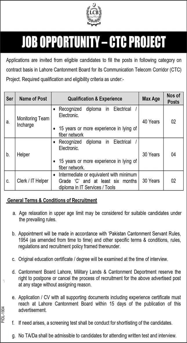 Lahore Cantonment Board LCB Jobs 2022