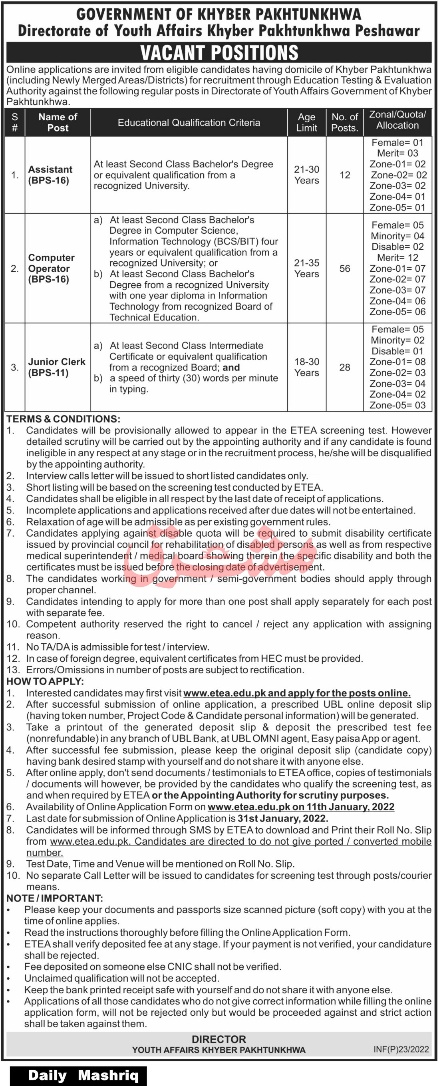 Directorate of Youth Affairs KPK Jobs 2022