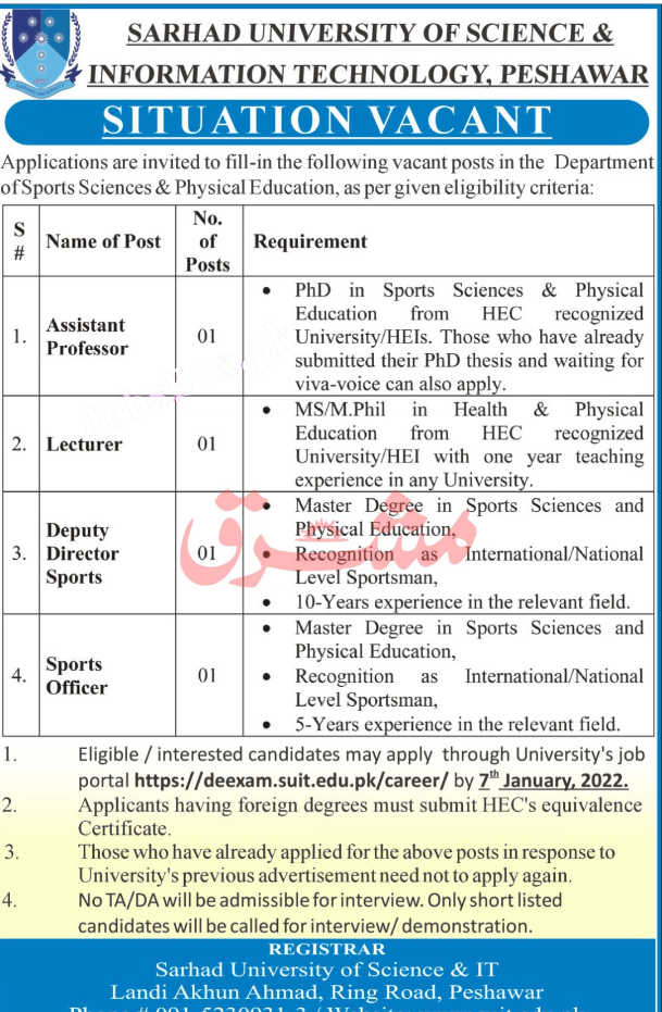 Sarhad University of Science and IT SUIT Jobs 2022