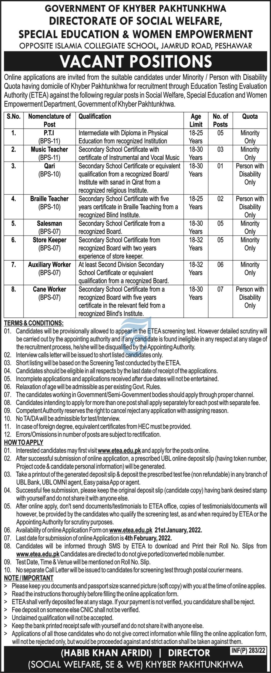 Social Welfare, Special Education & Women Empowerment KPK Jobs 2022