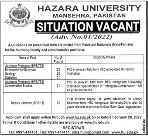 Hazara University Mansehra Jobs 2022 for Teaching Faculty