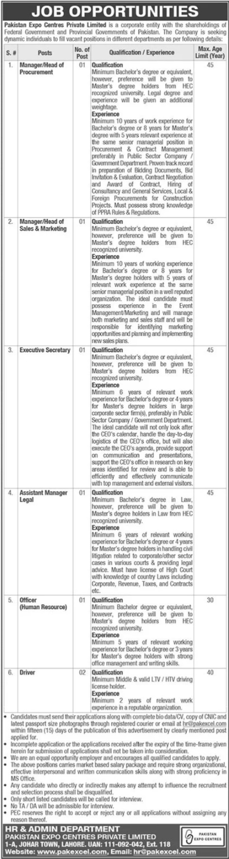 Pakistan Expo Centres Private Limited Jobs 2022 – www.pakexcel.com