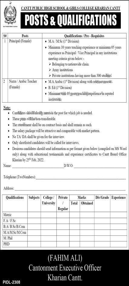 Army Public School & College Kharian Cantt Jobs 2022