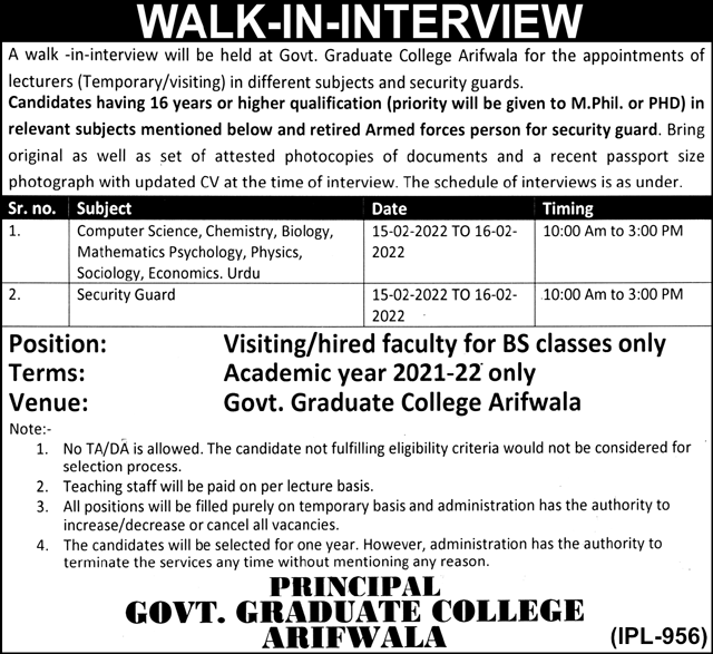 Government Graduate College Arifwala Jobs 2022