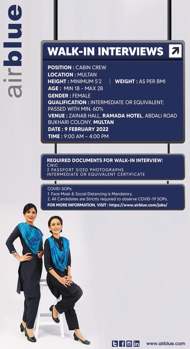 Airblue Jobs 2022 in Multan for Cabin Crew