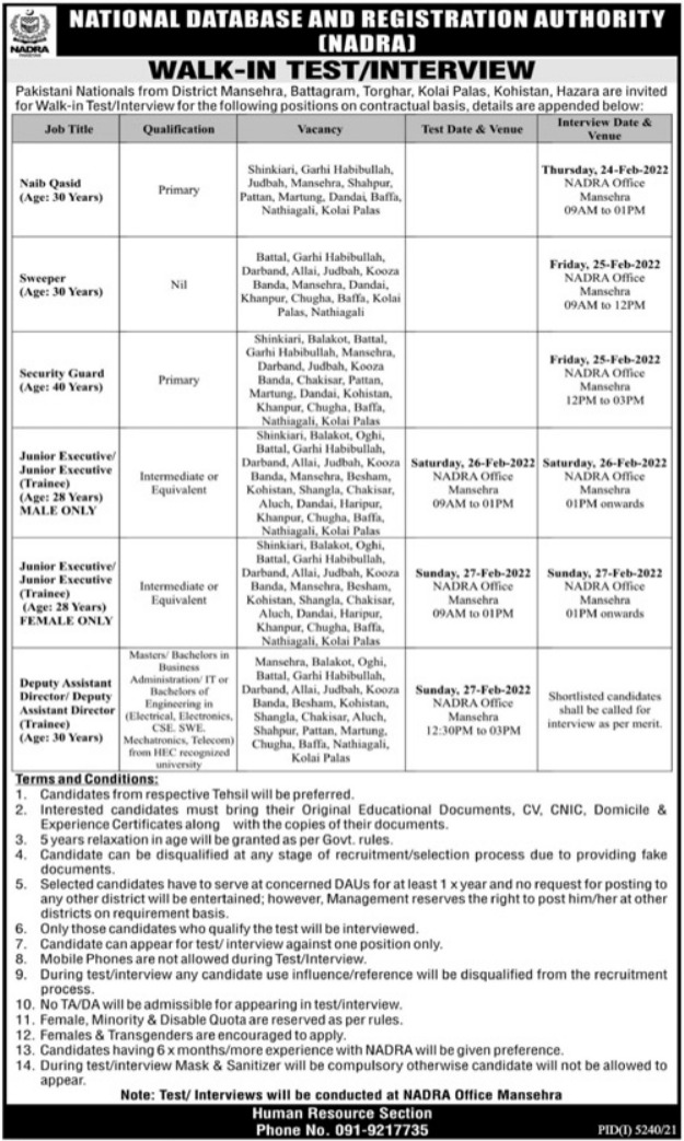 NADRA Offices KPK Jobs 2022 Walk in Interview