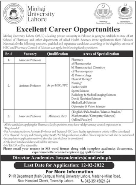Minhaj University Lahore Jobs 2022 MUL Latest – www.mul.edu.pk