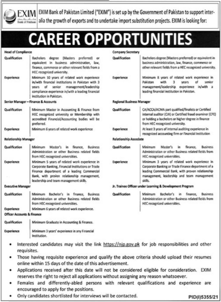 EXIM Bank of Pakistan Jobs 2022 Online Applications
