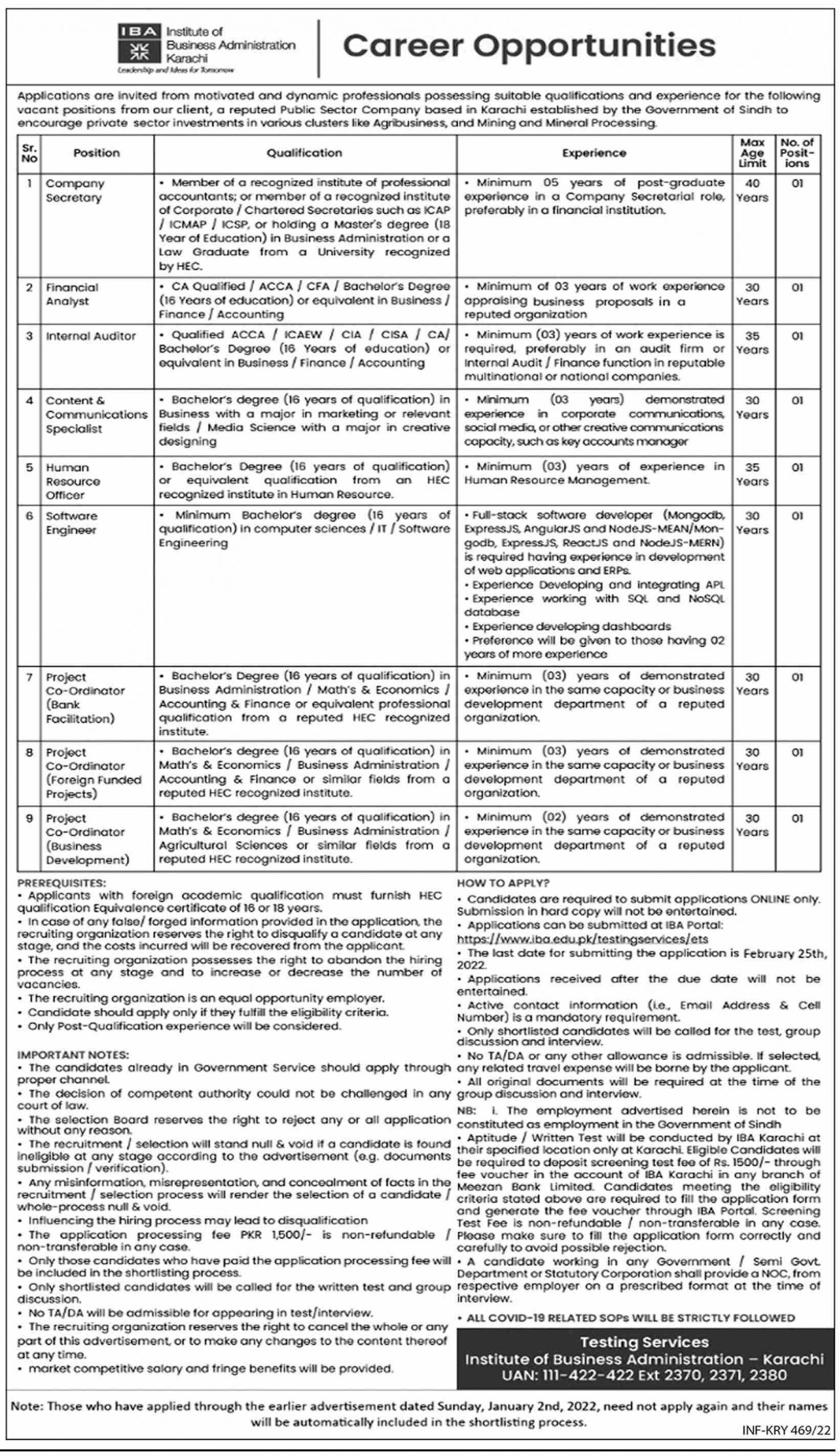Institute of Business Administration IBA Karachi Jobs 2022