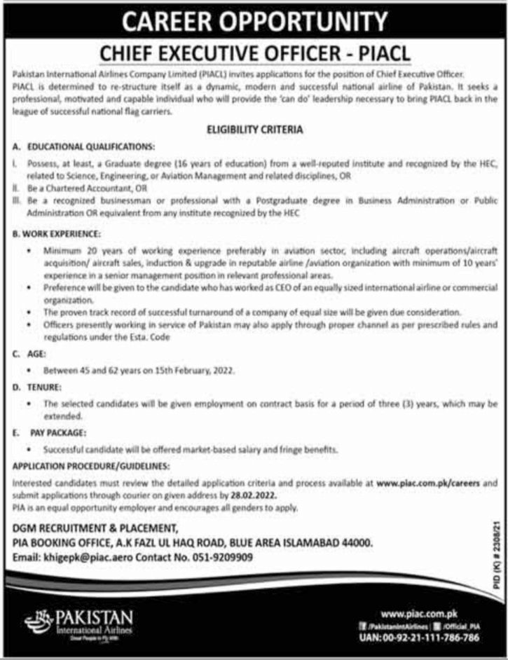 Pakistan International Airlines PIA Jobs 2022 – www.piac.com.pk/careers