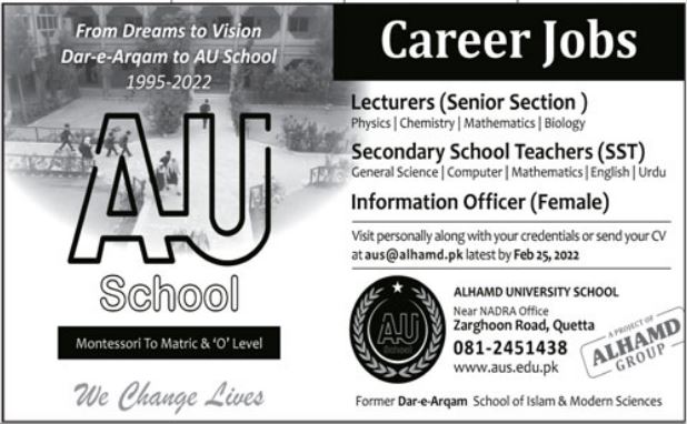 Alhamd University School Quetta Jobs 2022