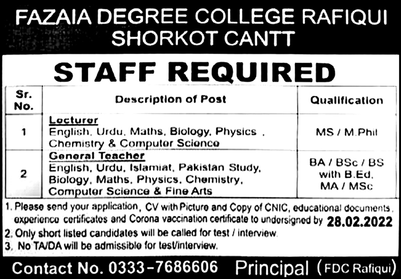 Fazaia Degree College Rafiqui Shorkot Cantt Jobs 2022