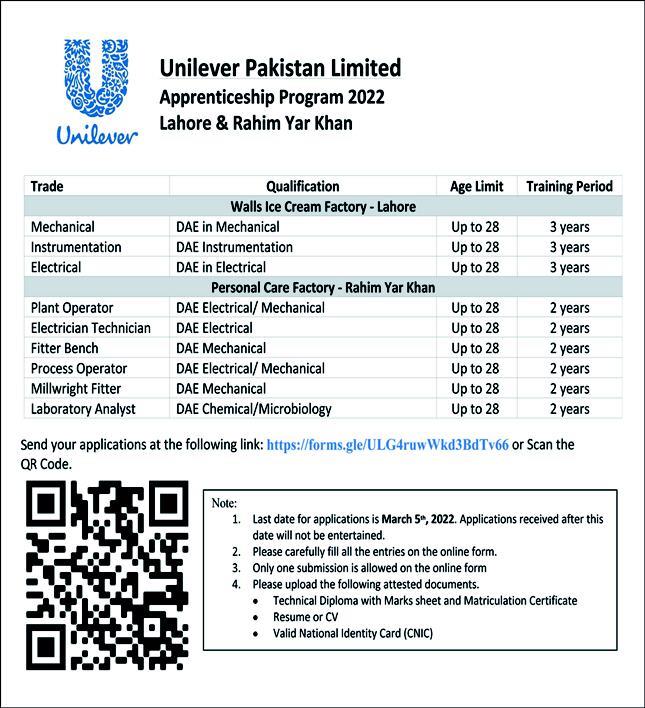 Unilever Pakistan Apprenticeship Program 2022