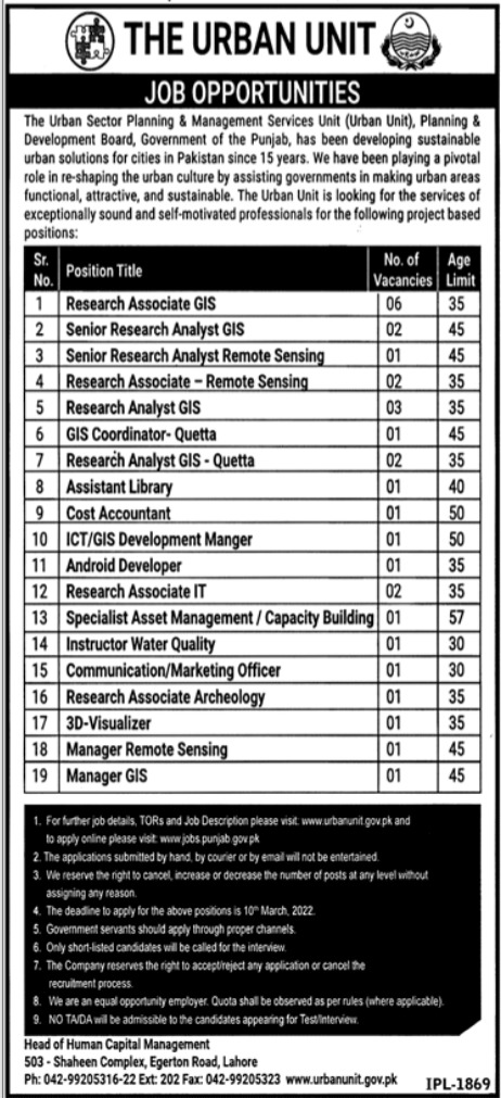 Punjab Government Jobs in The Urban Unit | Apply at www.urbanunit.gov.pk