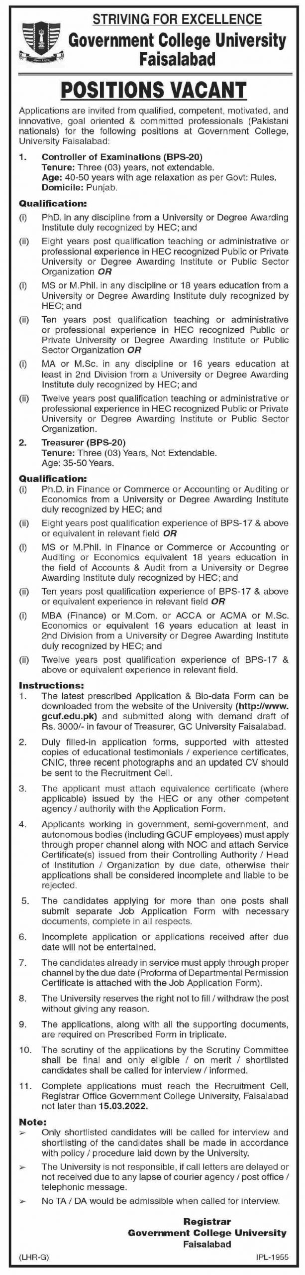 Government College GC University Faisalabad Jobs 2022