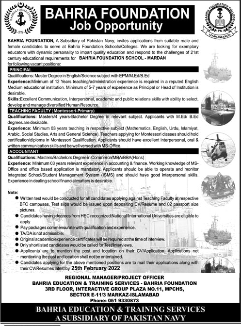 Bahria Foundation Jobs 2022 for Bahria School Mardan