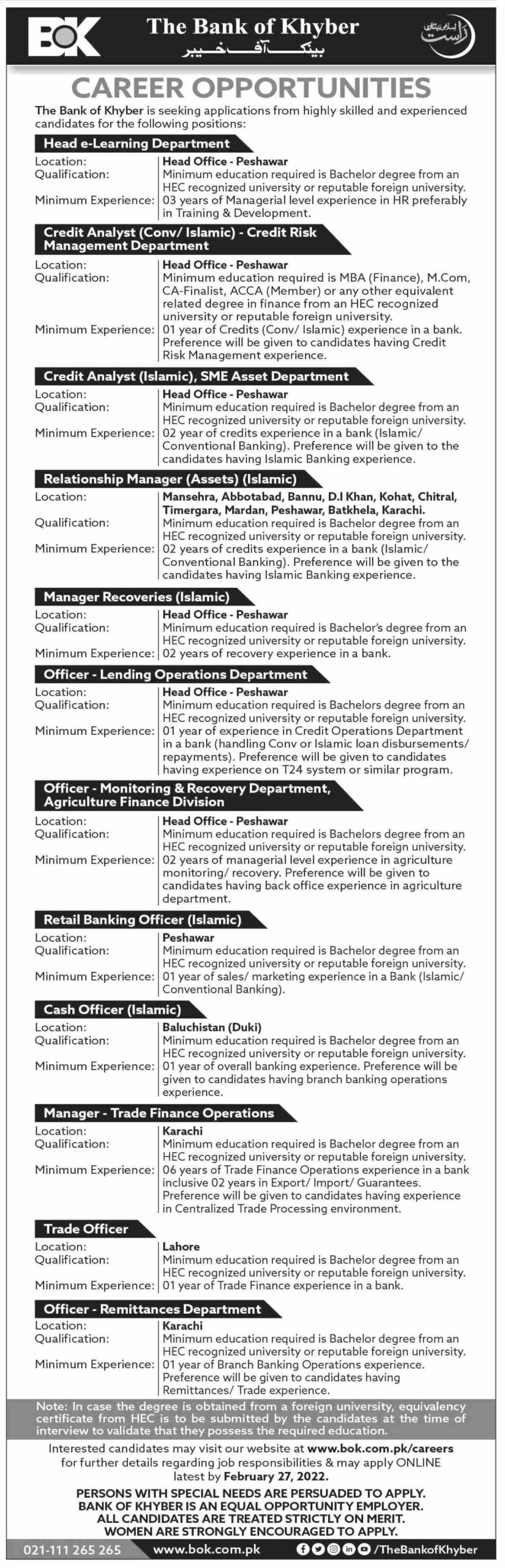 Bank of Khyber BOK Jobs 2022 for Pakistanis – www.bok.com.pk