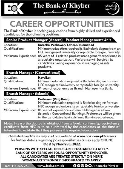 Bank of Khyber BOK Jobs 2022 for Pakistanis – www.bok.com.pk
