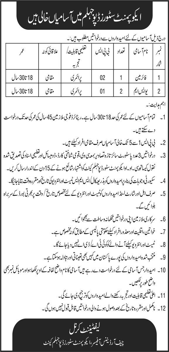 Equipment Stores Depot Jhelum Cantt Jobs 2022