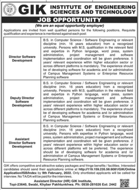 GIK Institute of Engineering Science & Technology Jobs 2022
